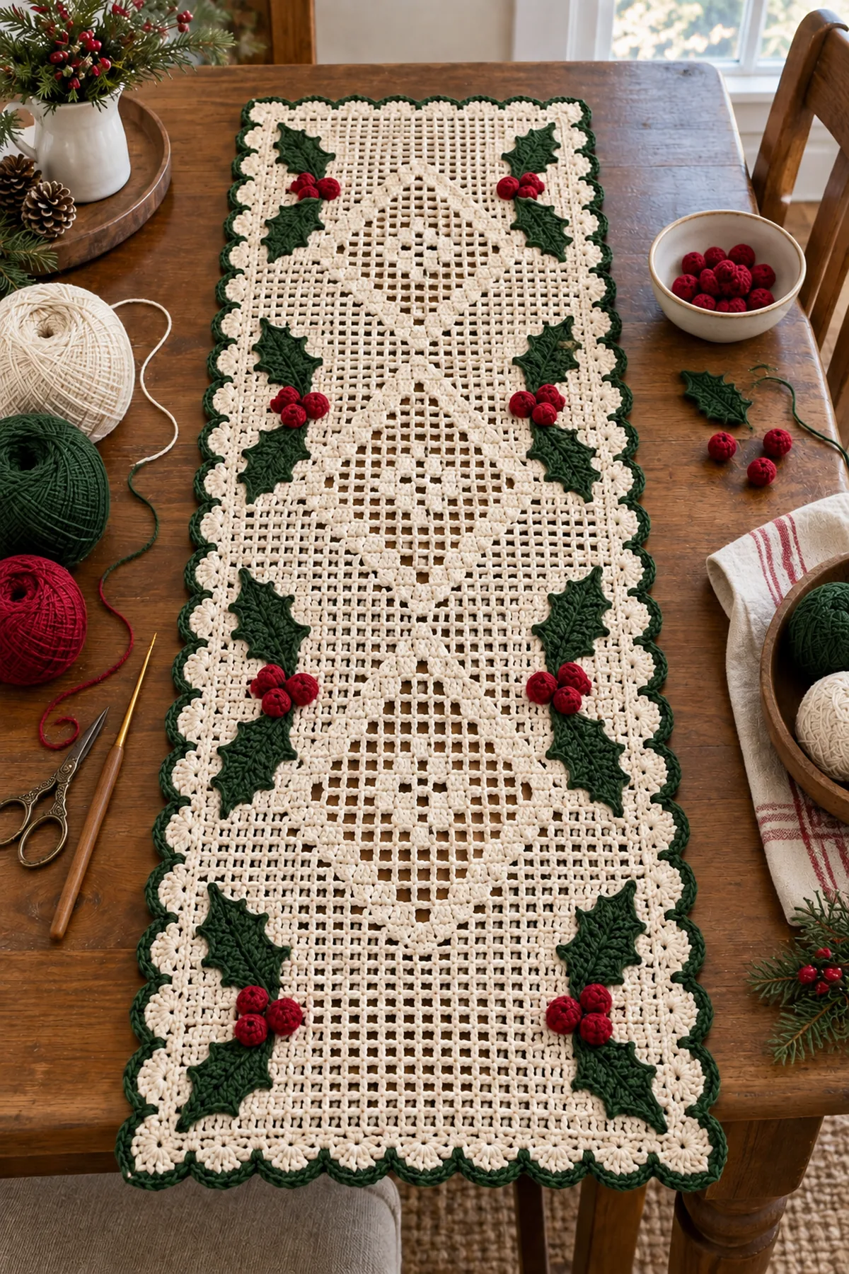 Ivory green and cranberry cotton yarn with crochet tools