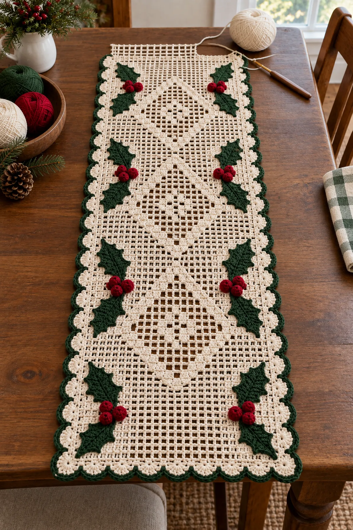 Ivory filet lace table runner foundation in progress