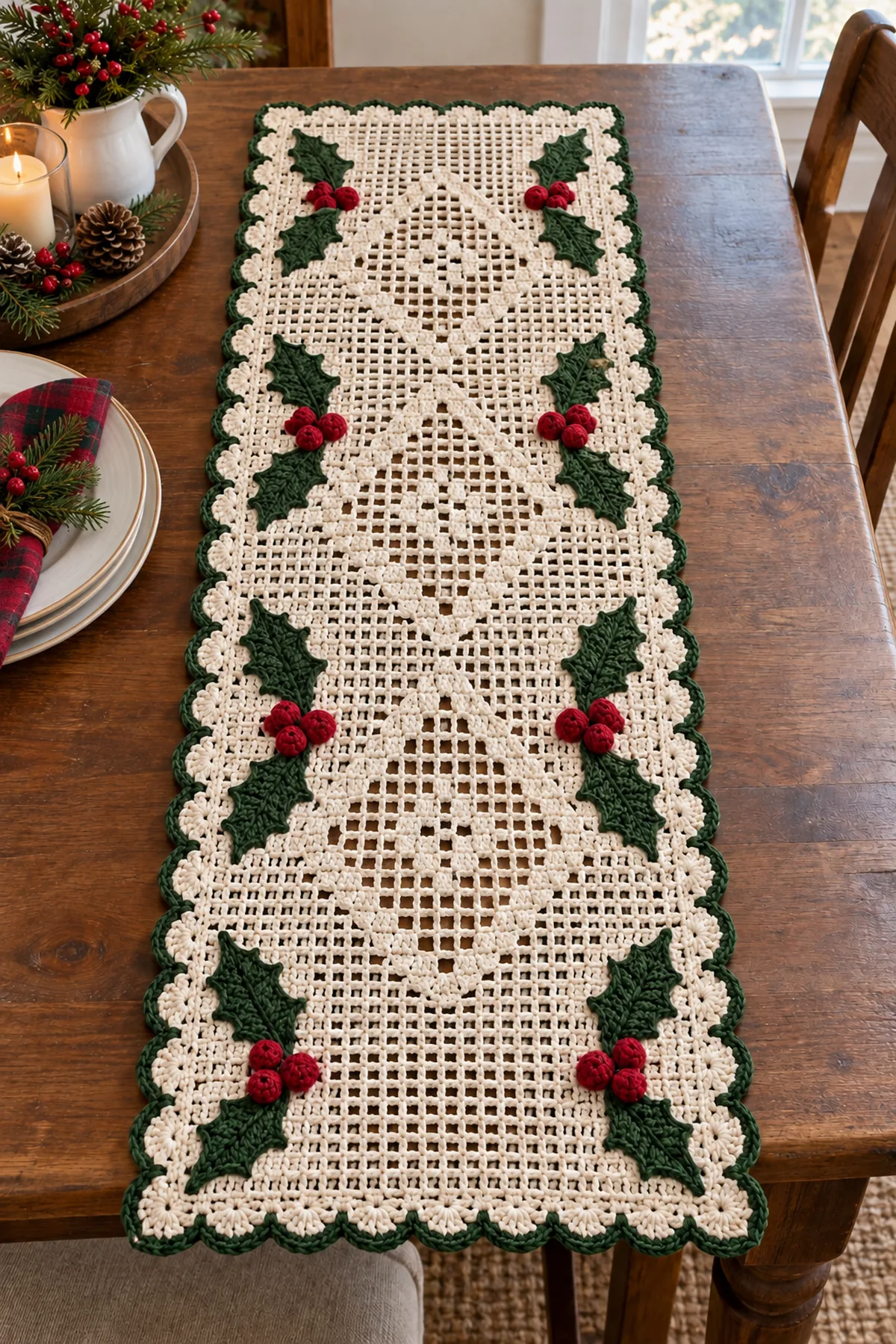 Filet runner with holly leaves and berry bobbles arranged