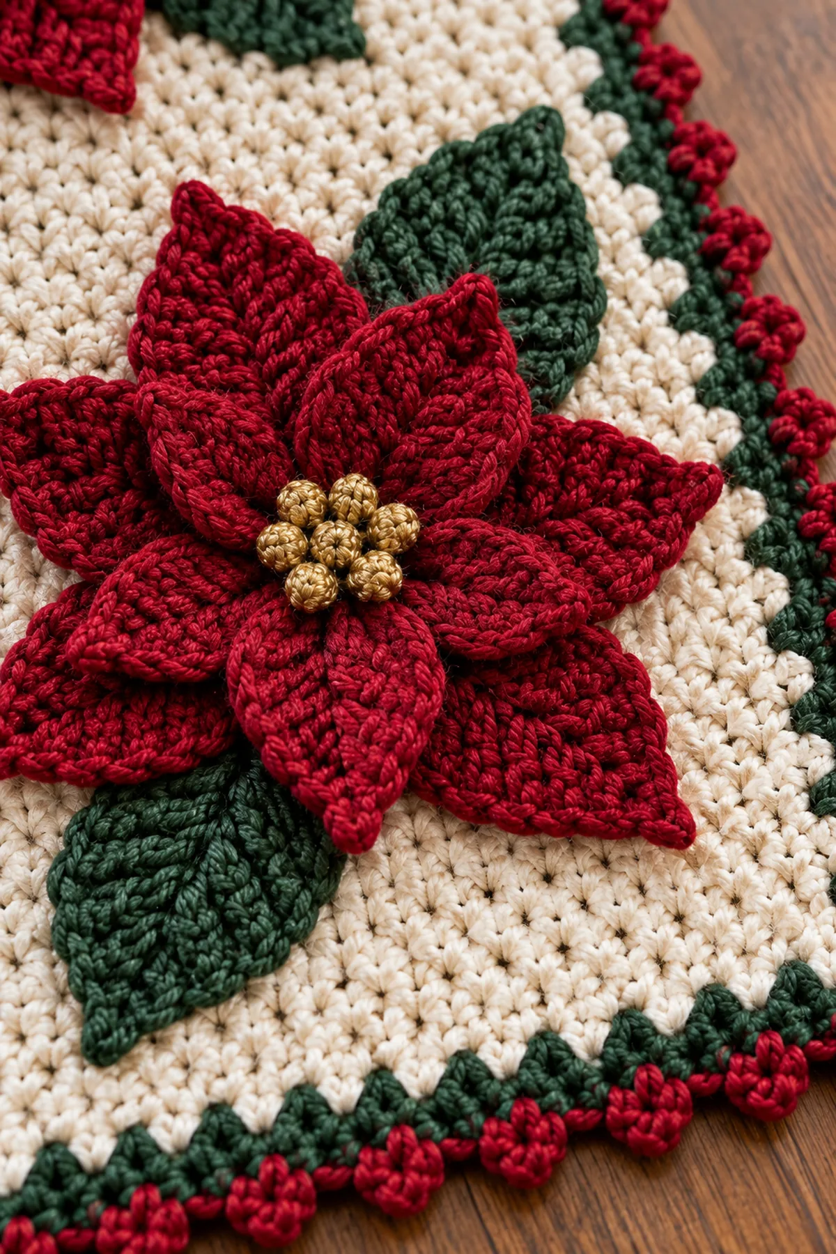 Close-up of layered crochet poinsettia gold center green leaf and red green picot border