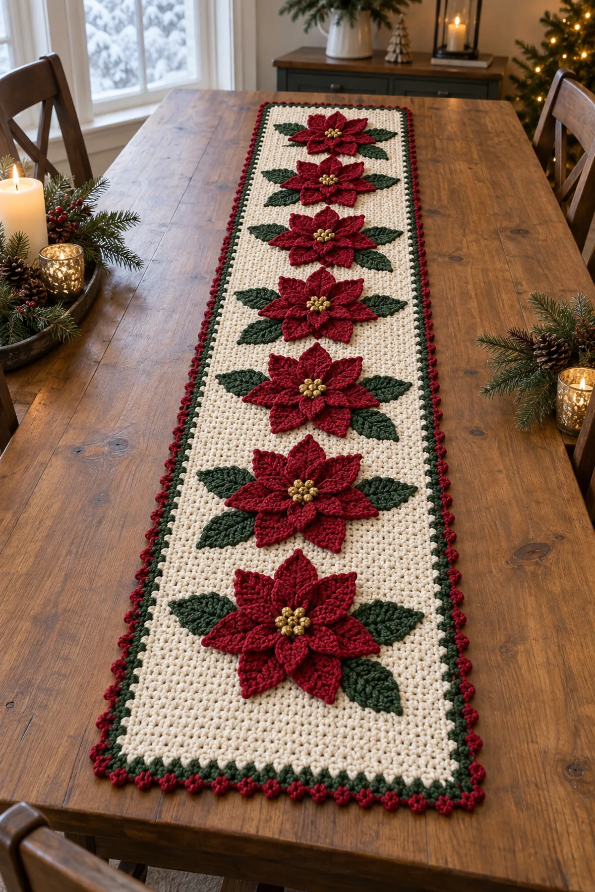 Finished ivory crochet Christmas table runner with seven layered red poinsettias and green leaves