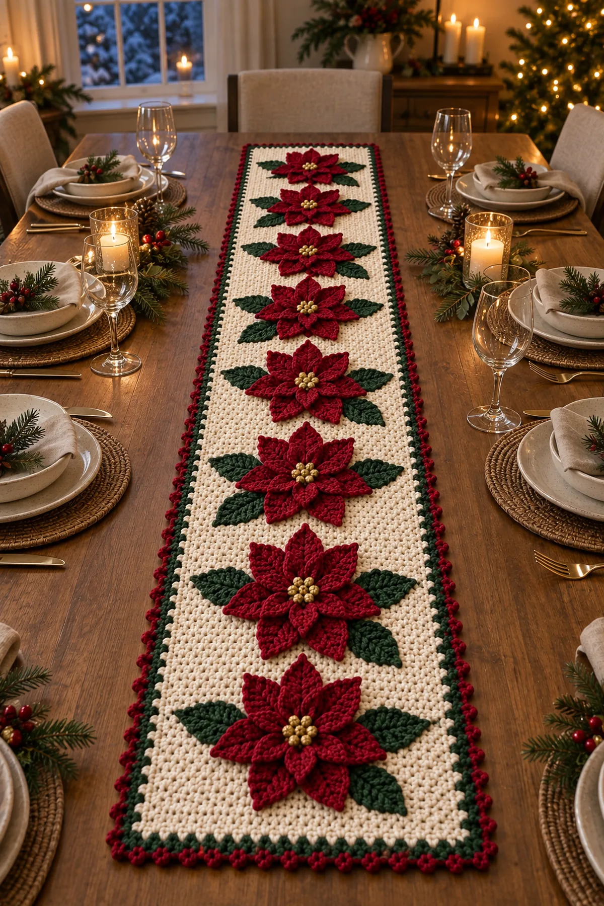Christmas poinsettia crochet table runner styled on a holiday dining table