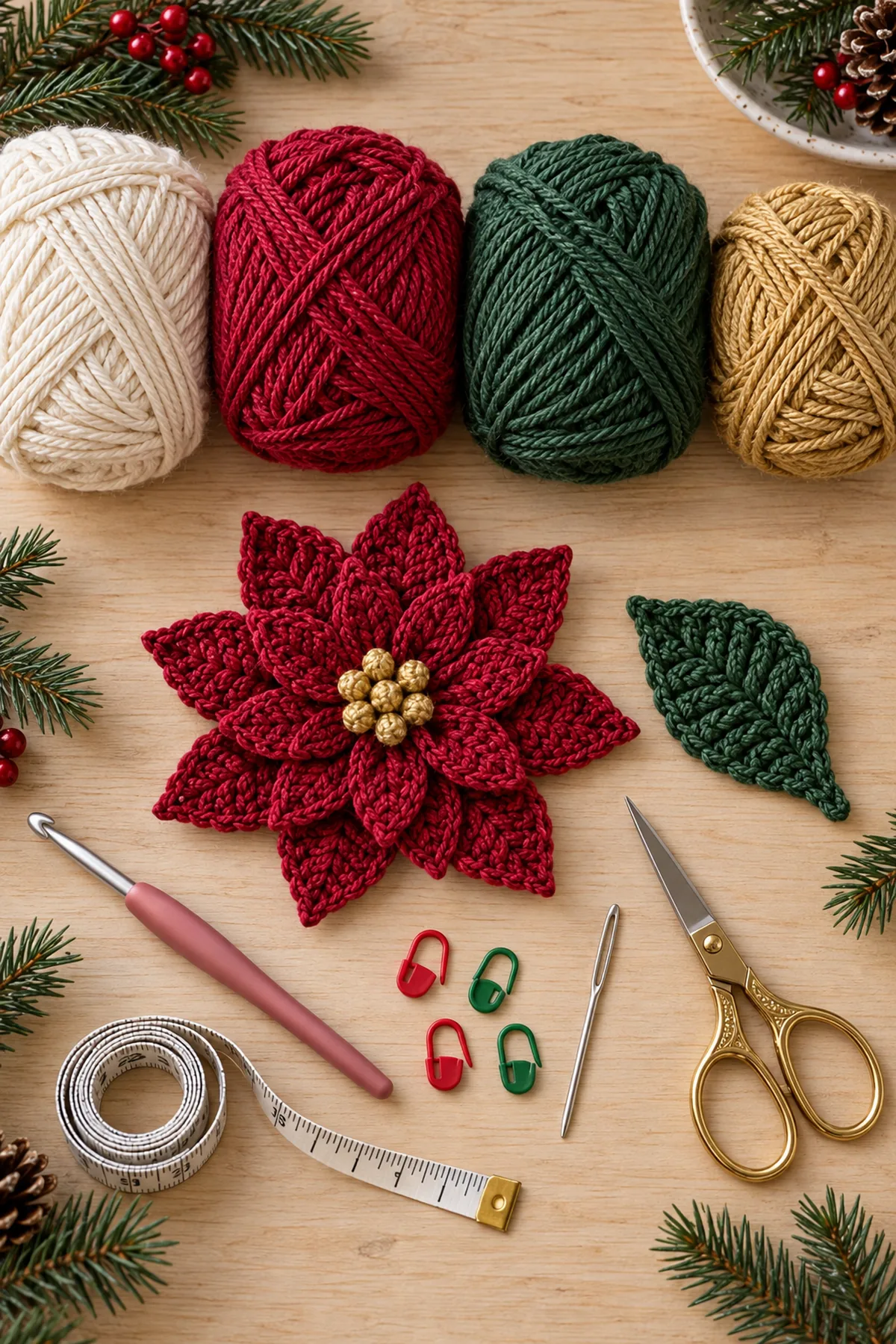 Ivory cranberry green and gold cotton yarn with hook markers needle scissors tape and blocking pins