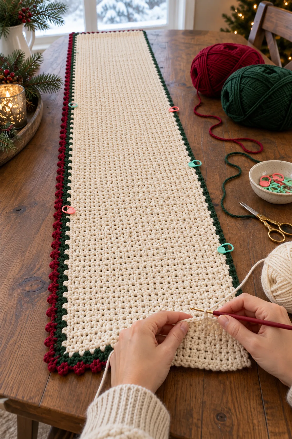 Long ivory waistcoat stitch crochet table runner base in progress