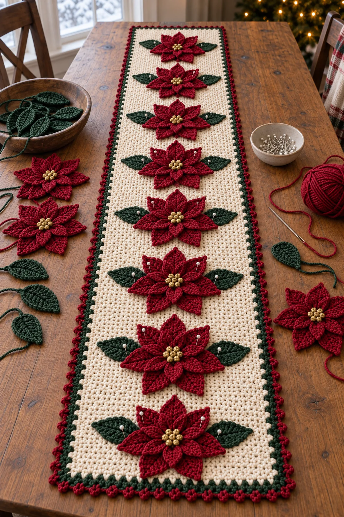 Seven layered red poinsettias and green leaves arranged on a bordered ivory runner