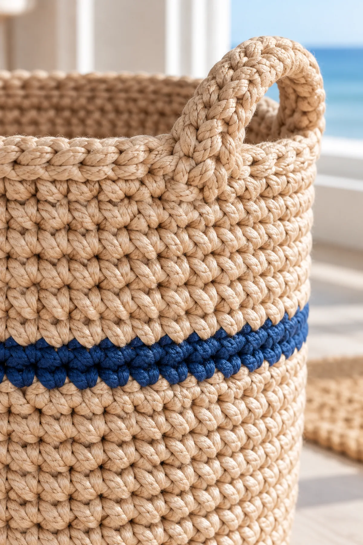Close-up of rope-enclosed waistcoat stitches navy band and integrated handle