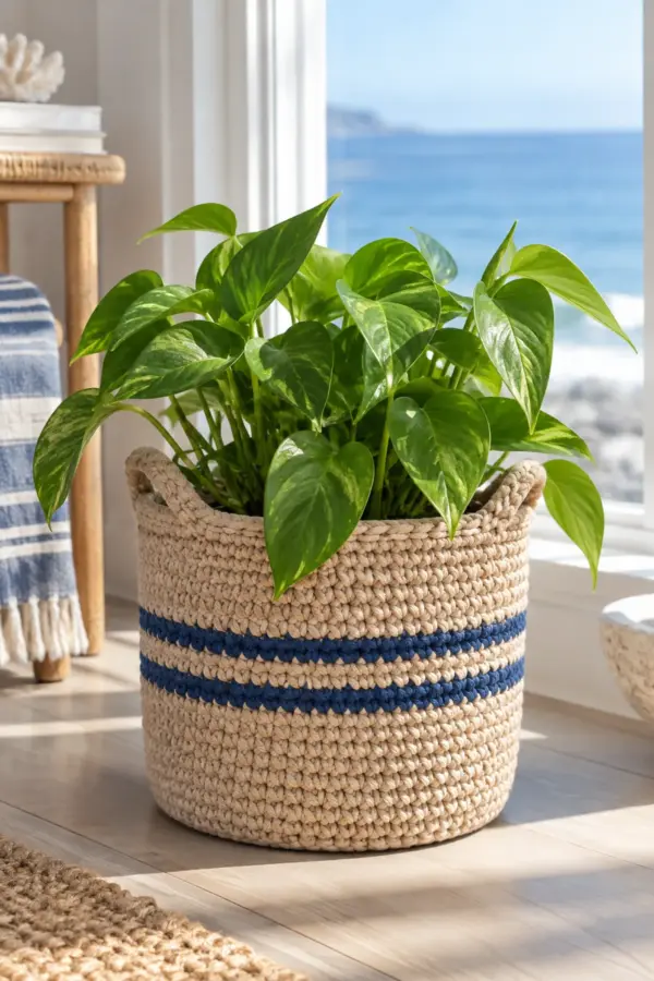 Finished sand and navy crochet rope plant basket with round base and two handles