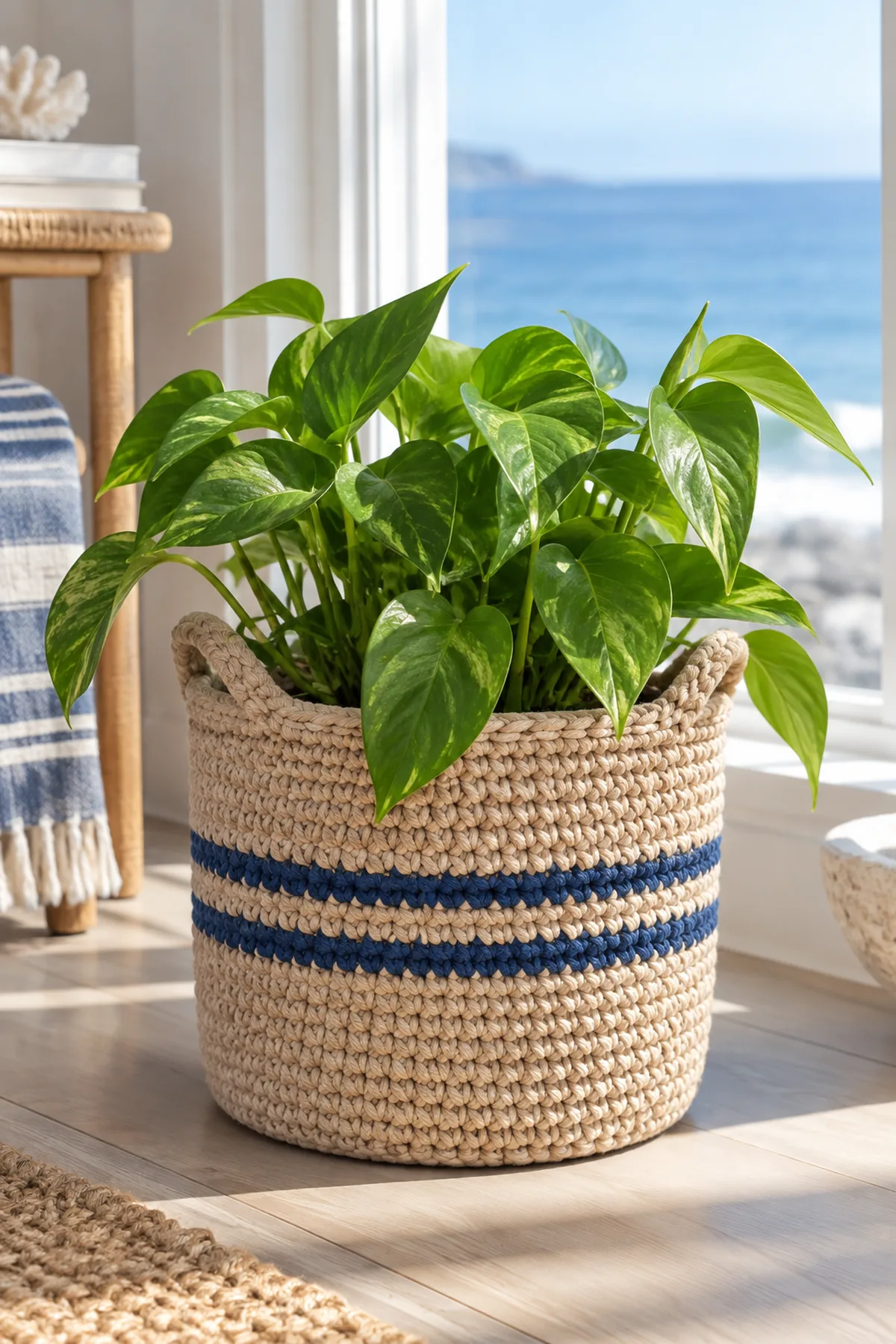 Finished sand and navy crochet rope plant basket with round base and two handles