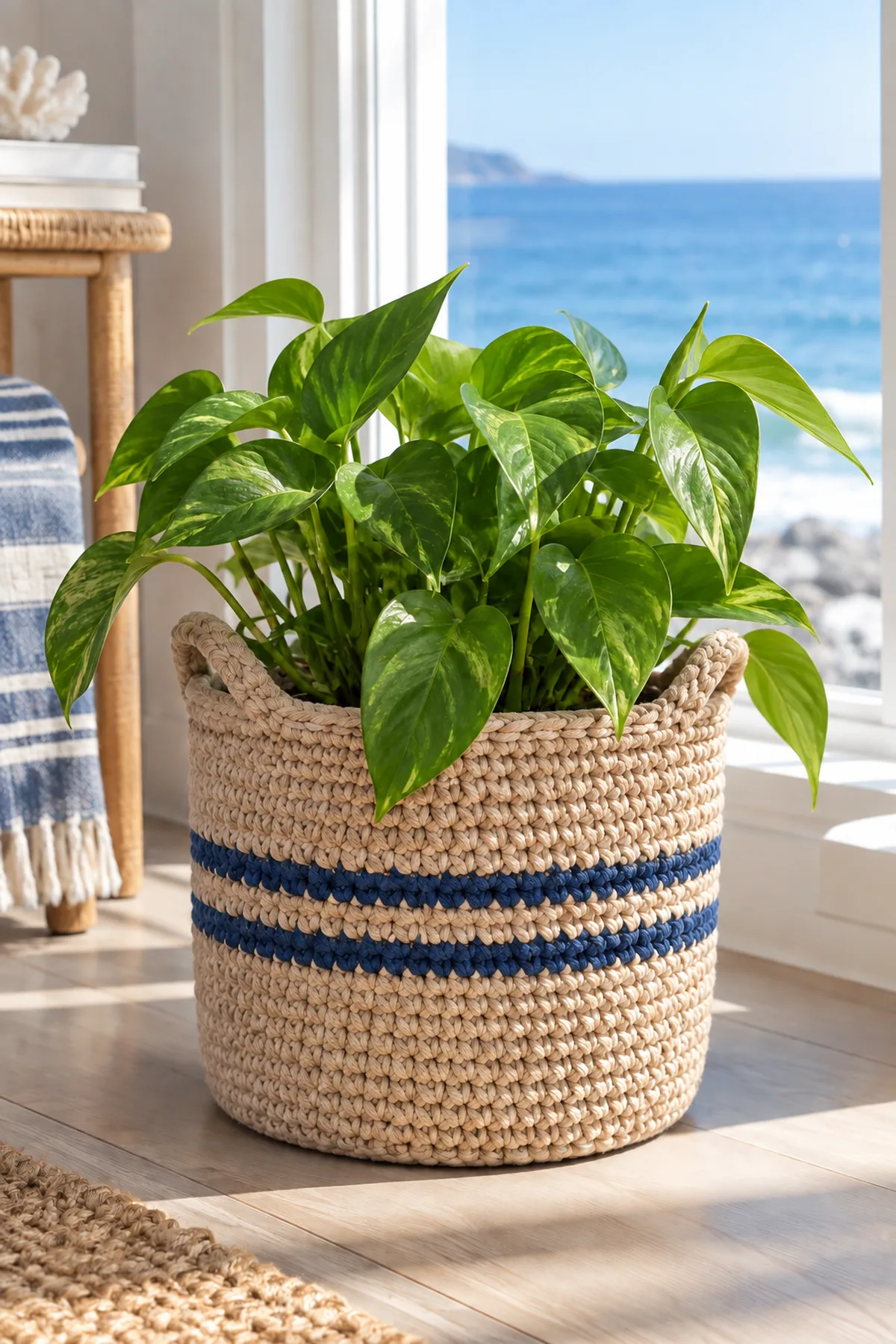 Coastal crochet rope basket holding a leafy houseplant beside a bright window