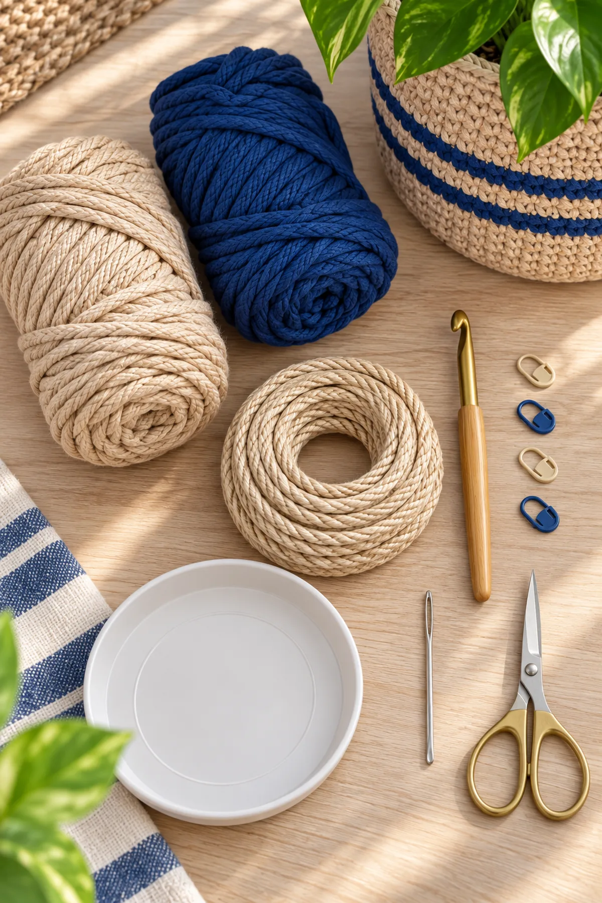 Sand and navy bulky cotton natural rope crochet hook markers needle scissors and plant saucer