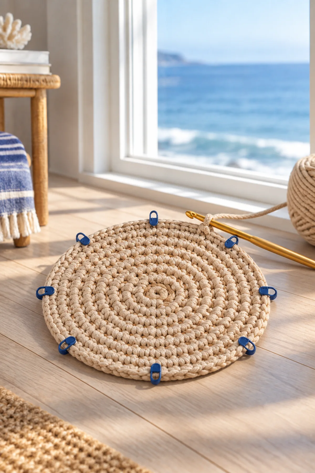 Flat rope-covered crochet circle after nine evenly increased rounds