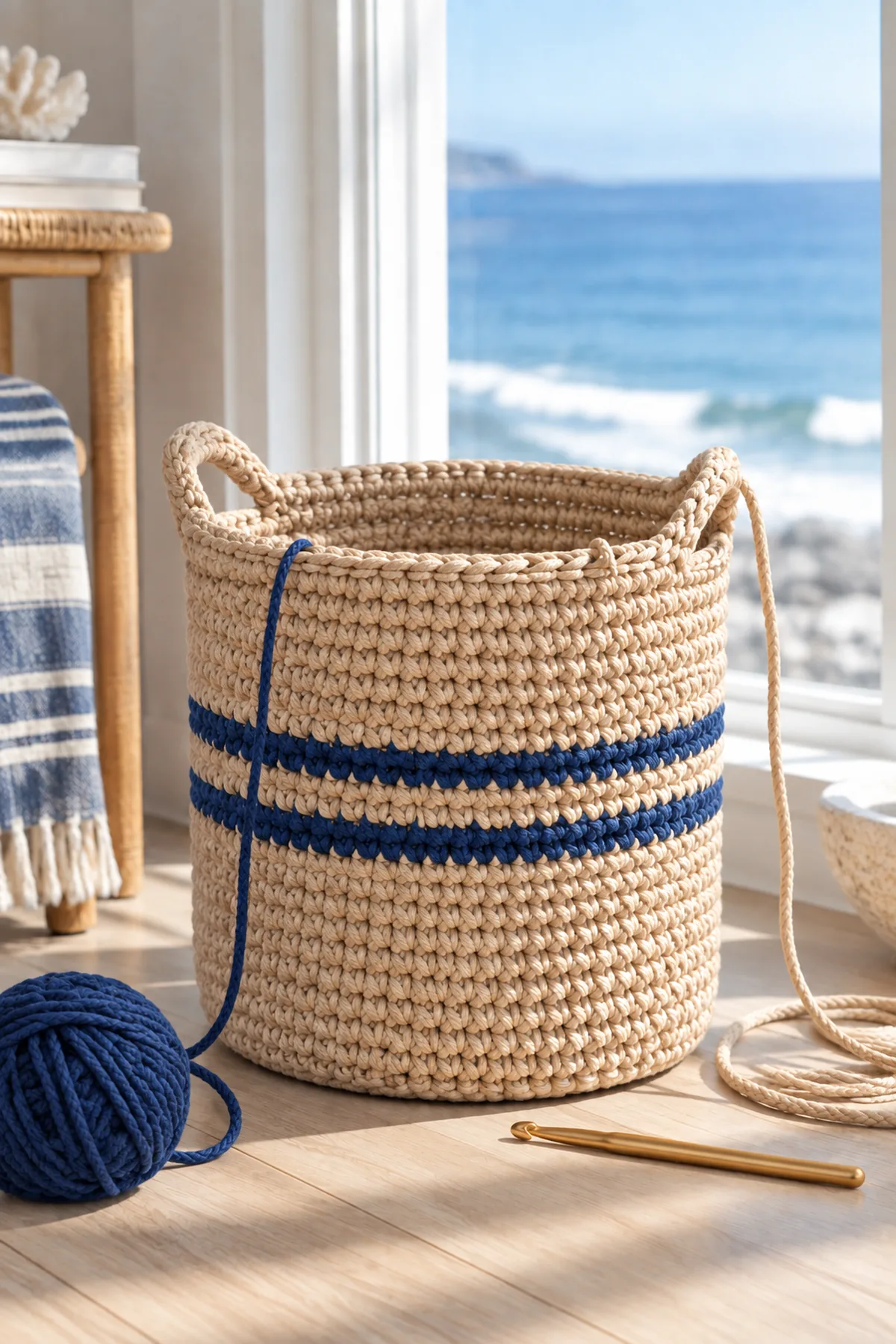 Coastal plant basket with sand walls and first navy stripe in progress