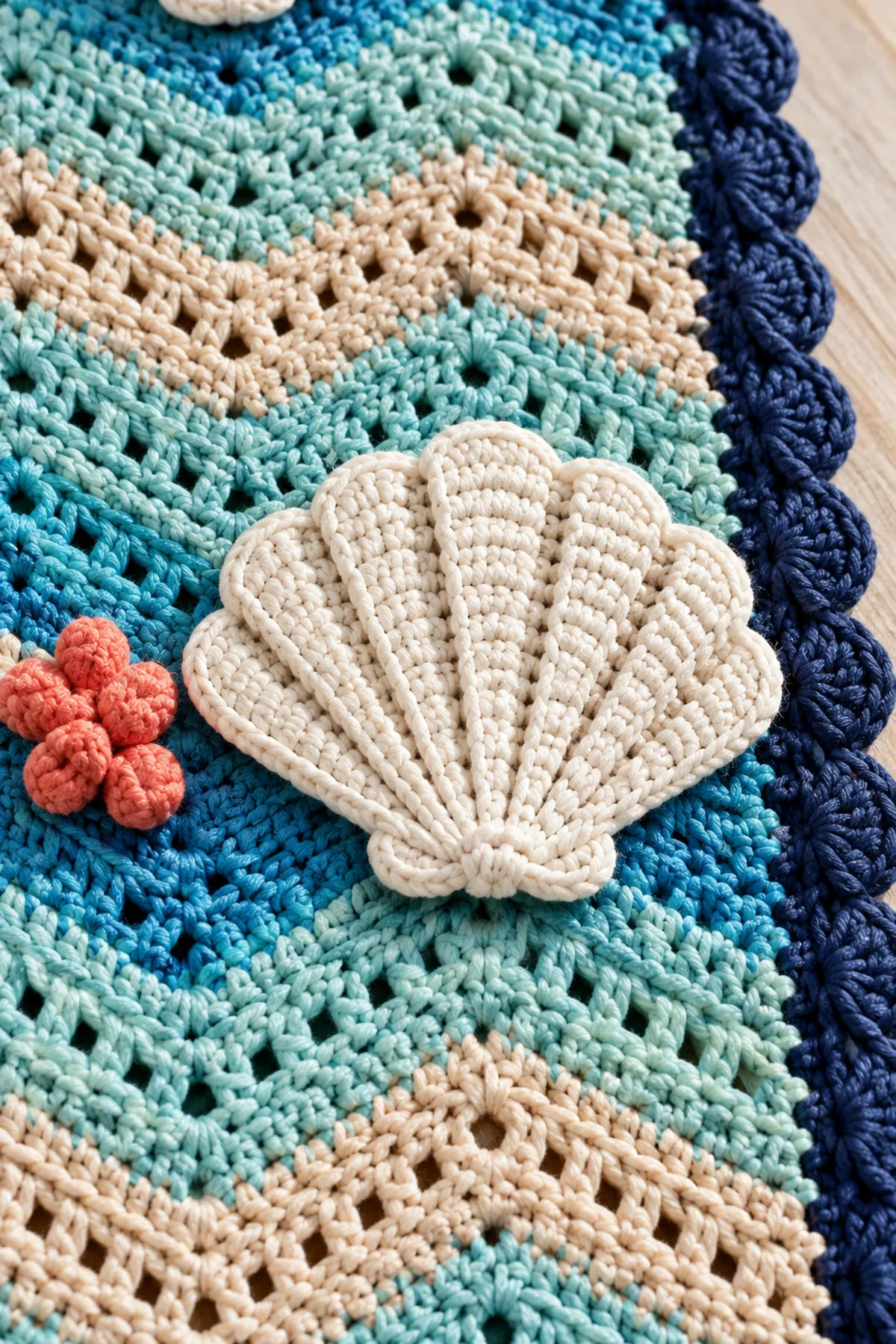 Close-up of raised cream crochet seashell aqua chevrons coral knot and navy corded edge