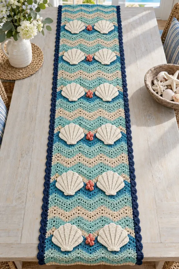 Finished striped crochet coastal table runner with twelve cream seashell appliques and navy border