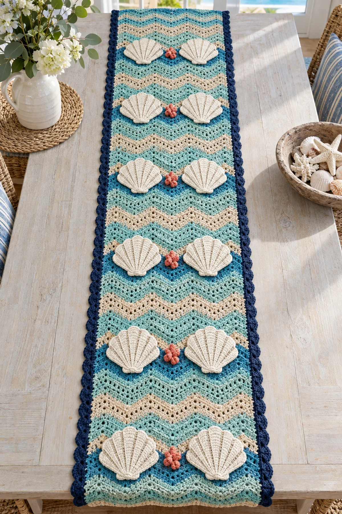 Finished striped crochet coastal table runner with twelve cream seashell appliques and navy border