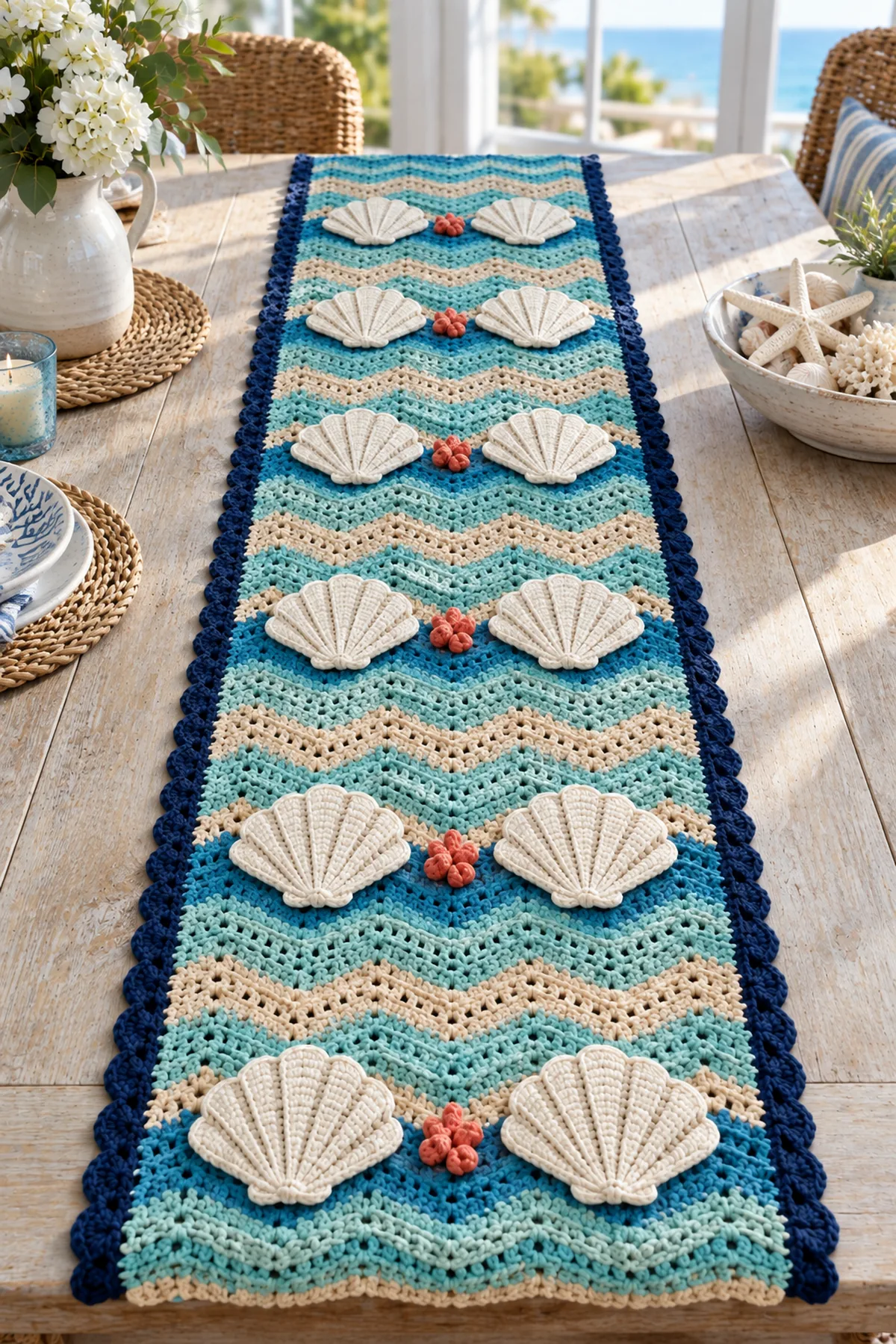 Coastal seashell crochet table runner styled on a bright summer dining table