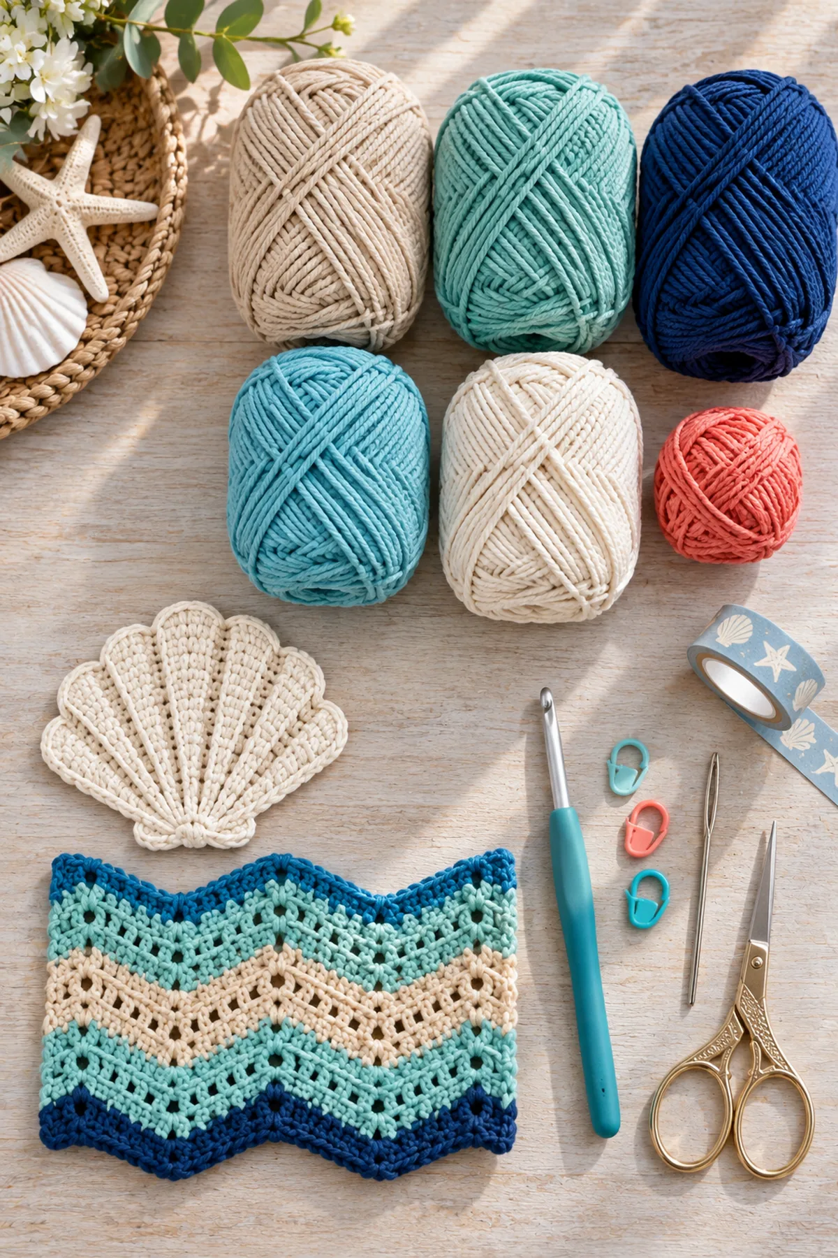 Sand seafoam aqua cream navy and coral cotton yarn with hook markers needle scissors and tape