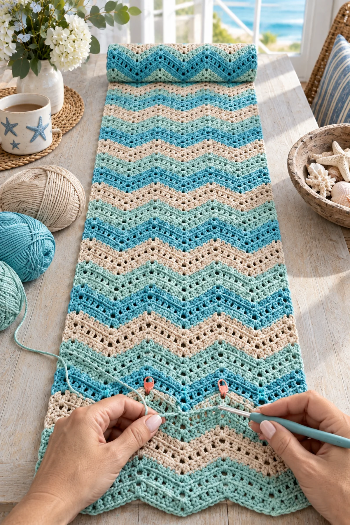 Long sand seafoam and aqua chevron crochet table runner base in progress