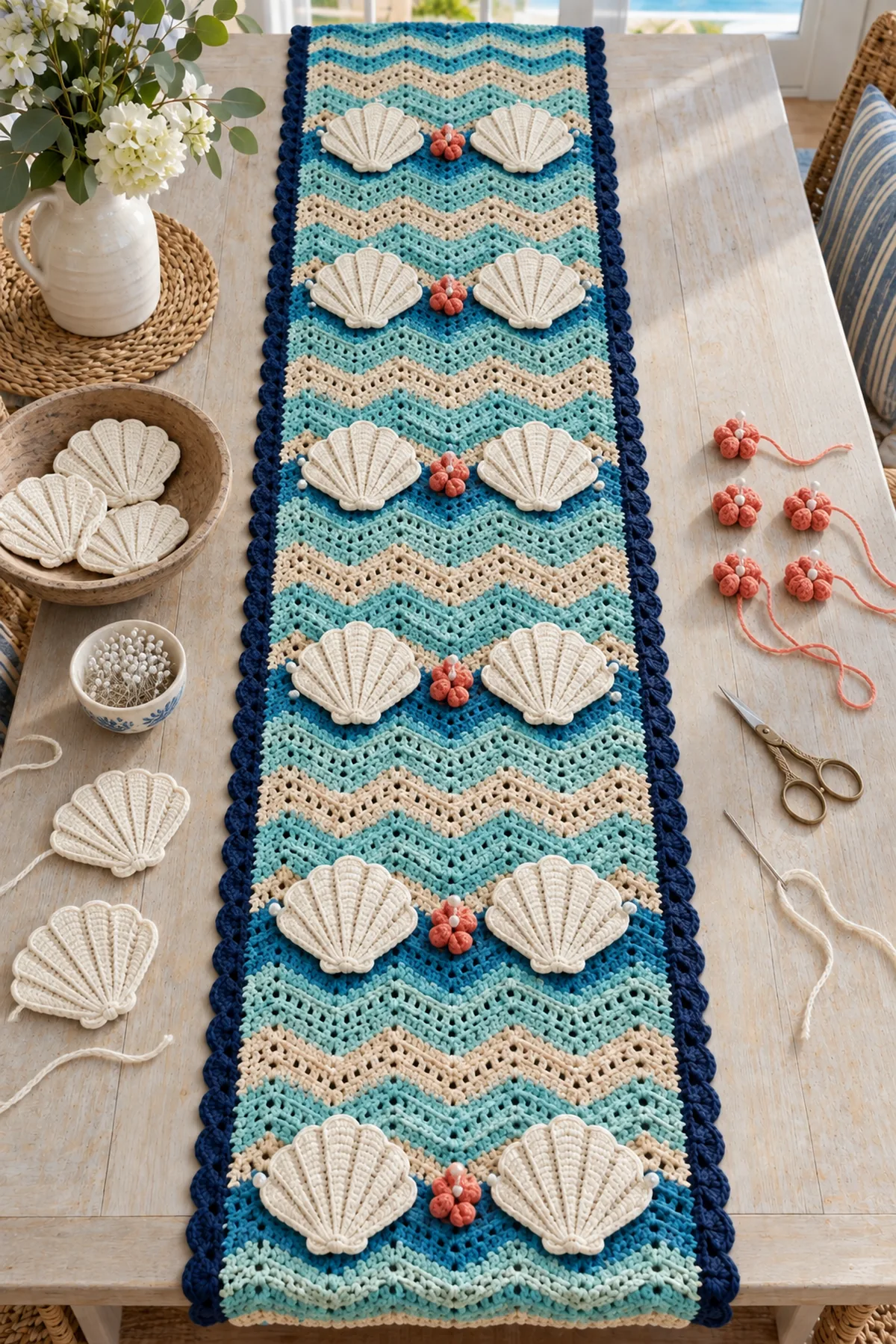 Bordered coastal chevron runner with twelve cream crochet shells arranged for sewing