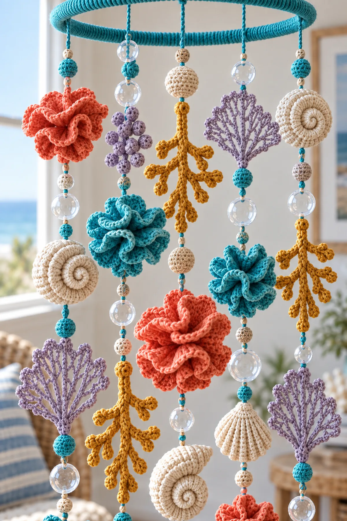 Close-up of ruffled coral lilac sea fan cream spiral shell and mustard branch textures