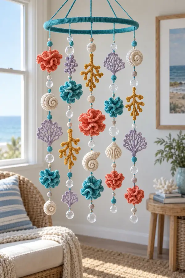 Finished colorful crochet coral reef hanging mobile with ruffled corals sea fans shells and bubbles