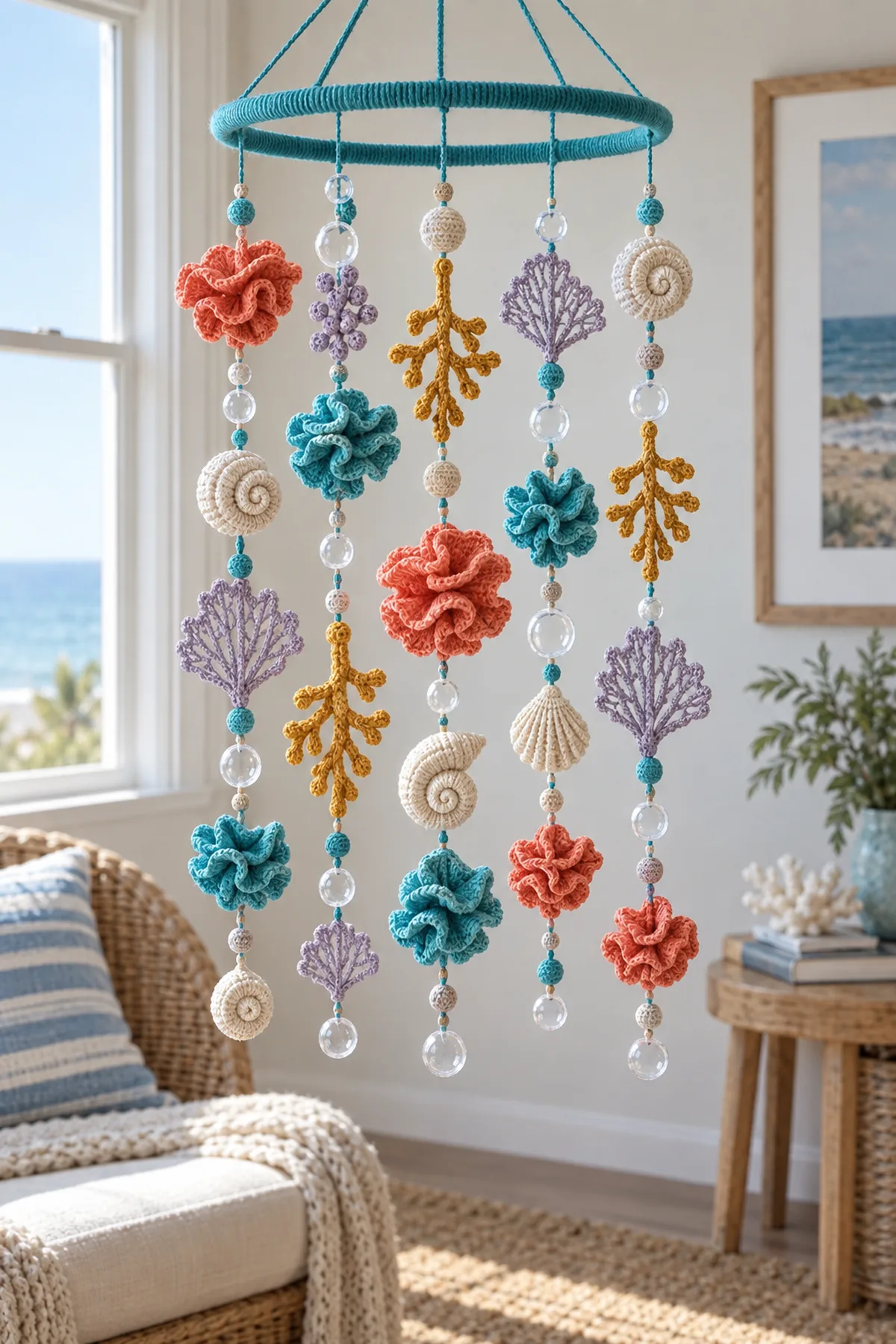 Finished colorful crochet coral reef hanging mobile with ruffled corals sea fans shells and bubbles