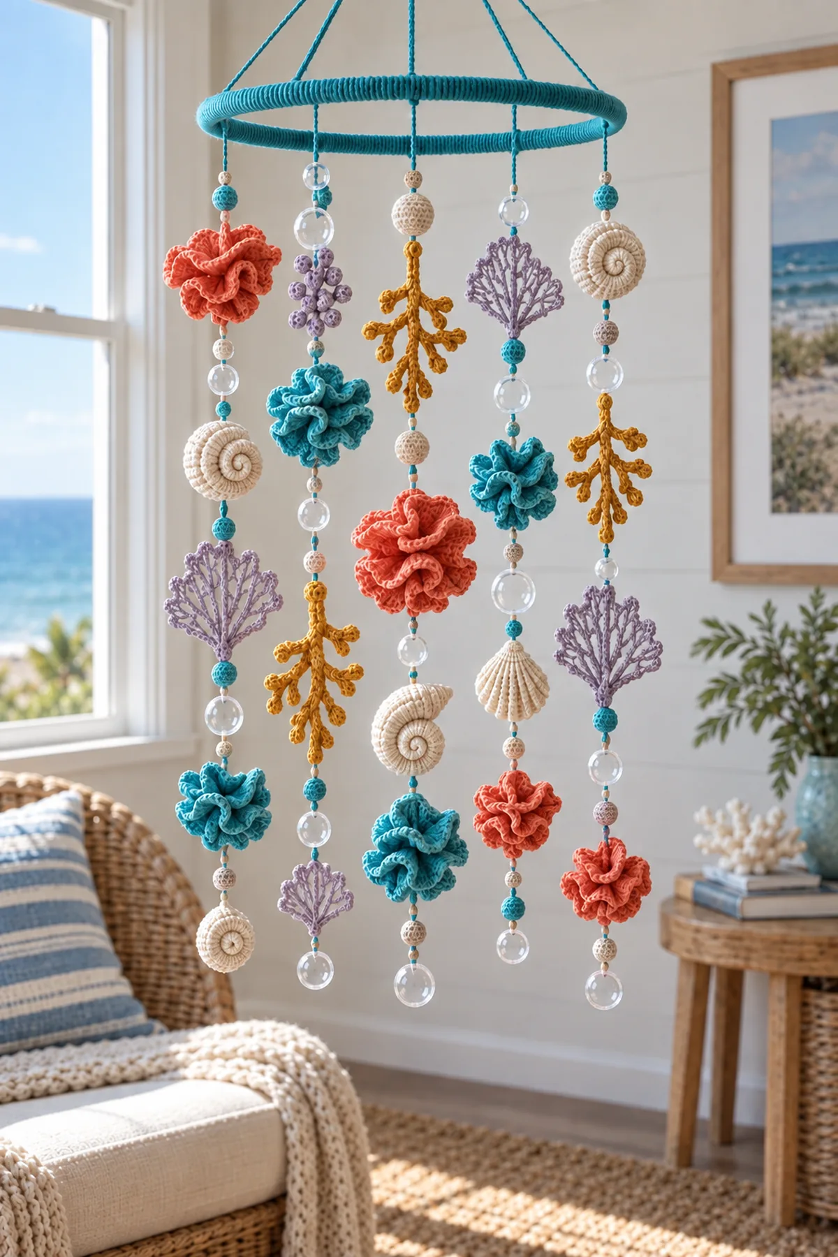 Crochet coral reef mobile suspended in a bright coastal reading nook