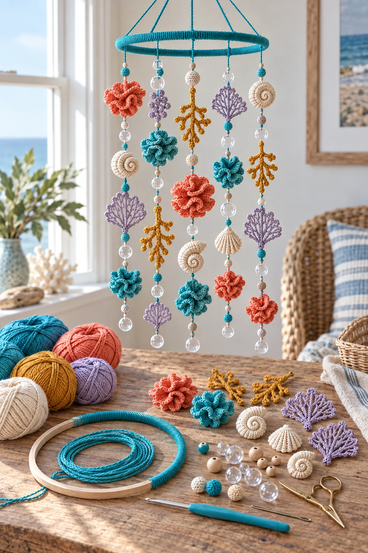 Turquoise coral mustard lilac and cream DK cotton hook wooden hoop cord markers needle and scissors
