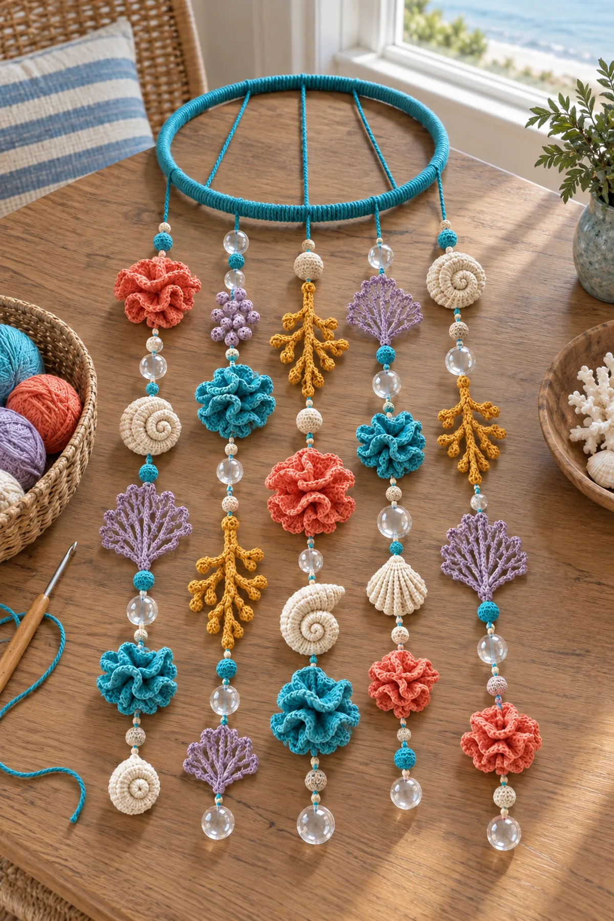 Coral reef mobile motifs arranged into five strands before hanging