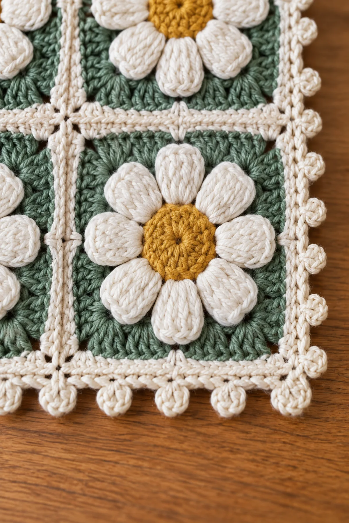 Close-up of dimensional ivory daisy petals sage square corners cream joins and picot border