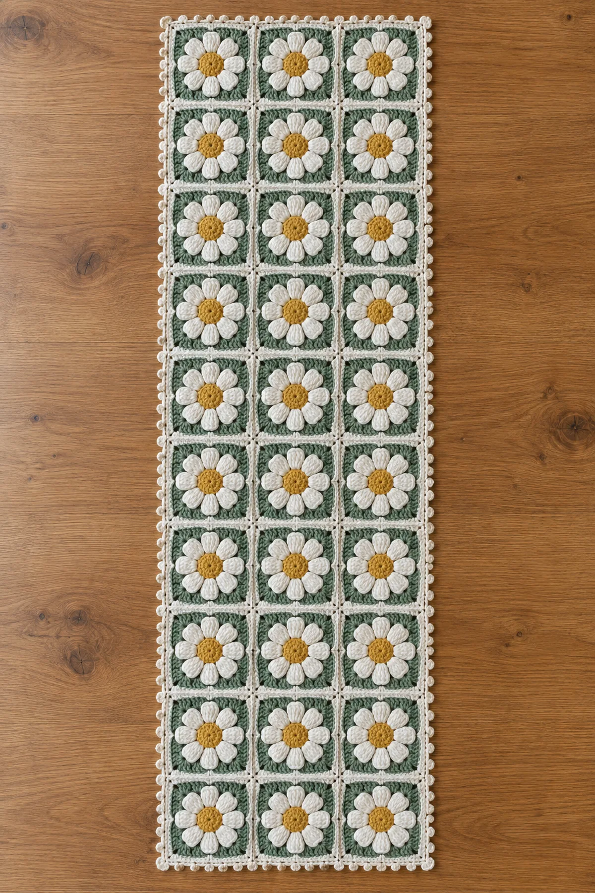 Finished crochet daisy chain table runner made from thirty joined sage ivory and gold floral squares