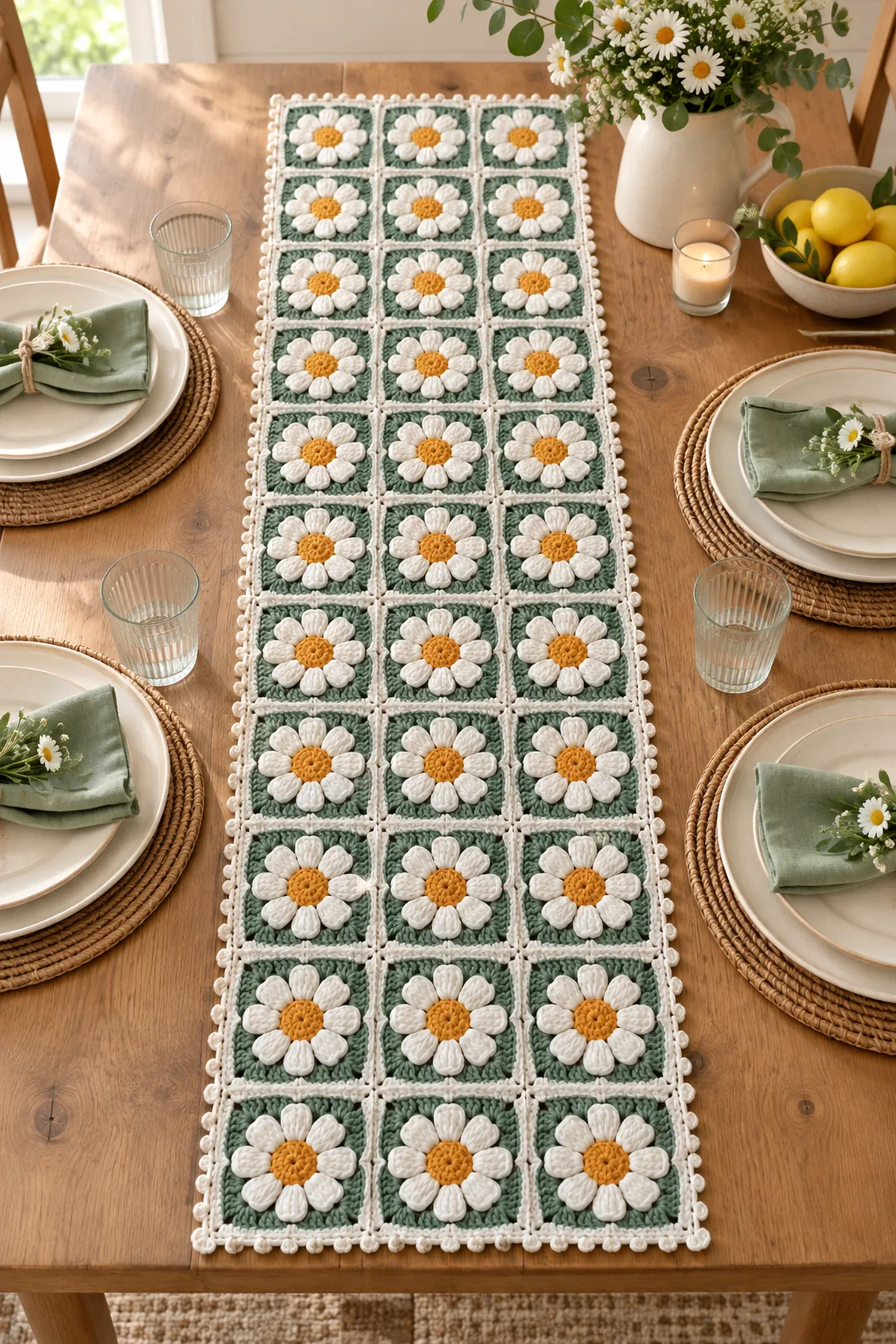 Crochet daisy chain table runner styled on a bright spring dining table