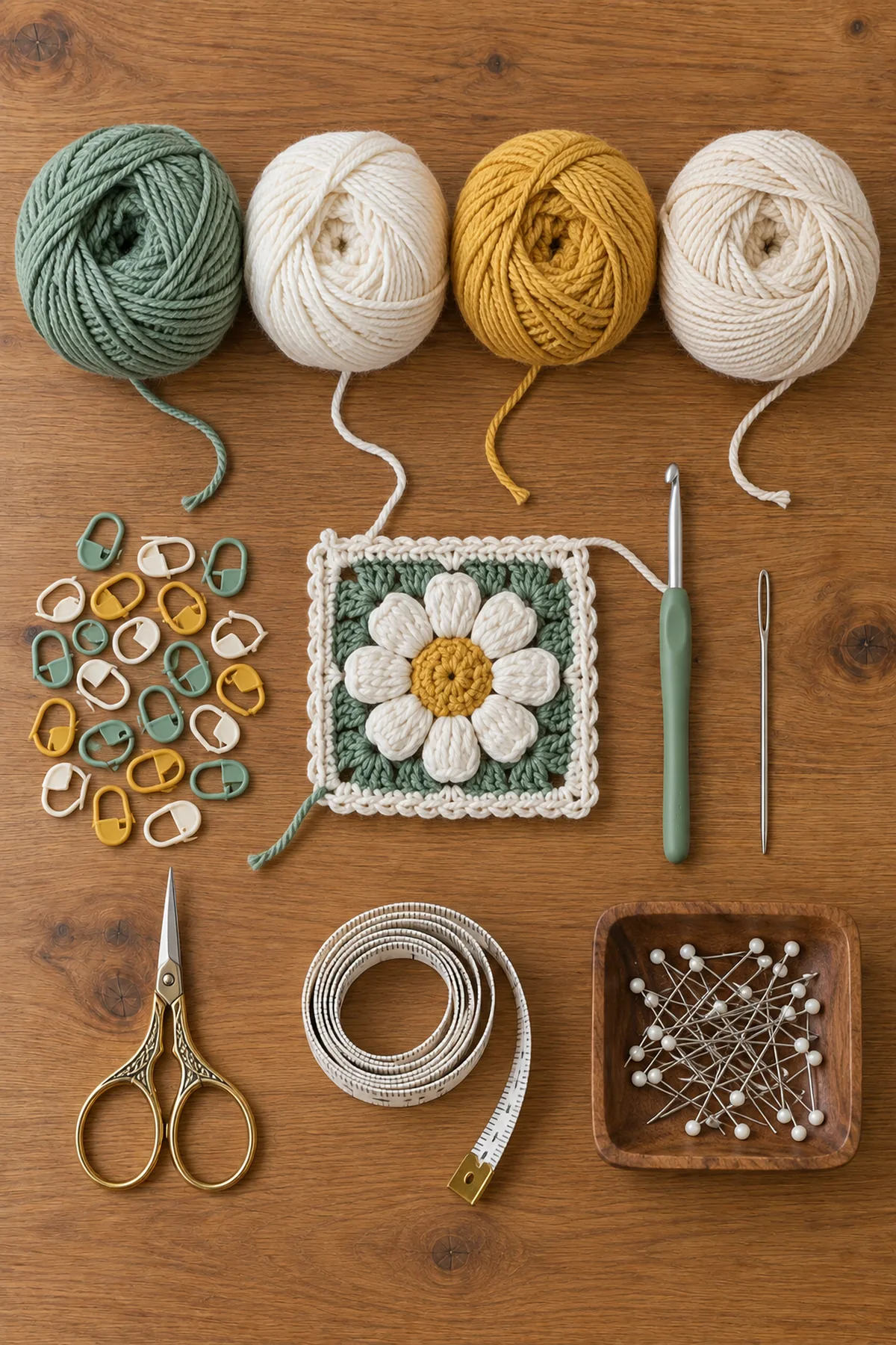 Sage ivory gold and cream cotton yarn with crochet hook markers needle scissors and blocking tools