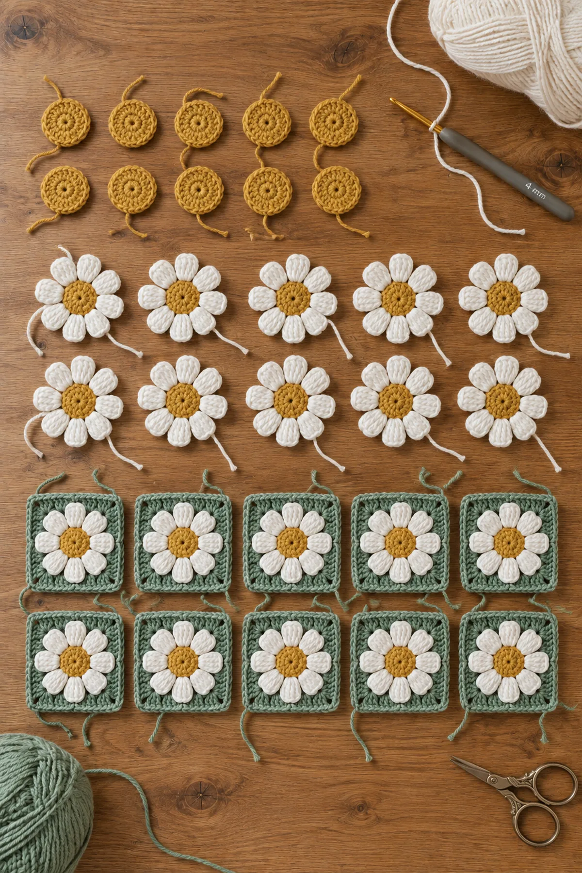 Golden crochet daisy centers and ivory eight-petal motifs in progress
