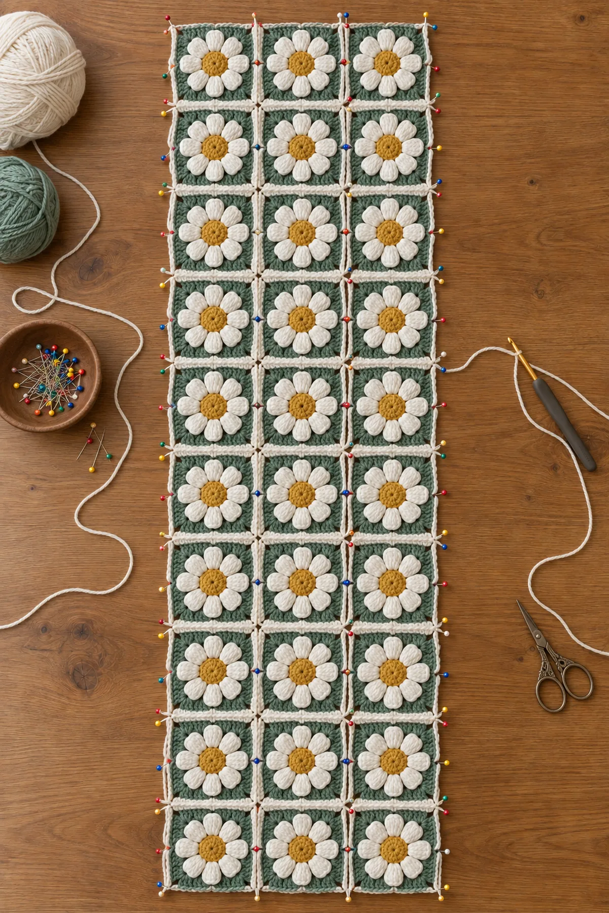 Thirty blocked daisy squares arranged in a three by ten table runner grid