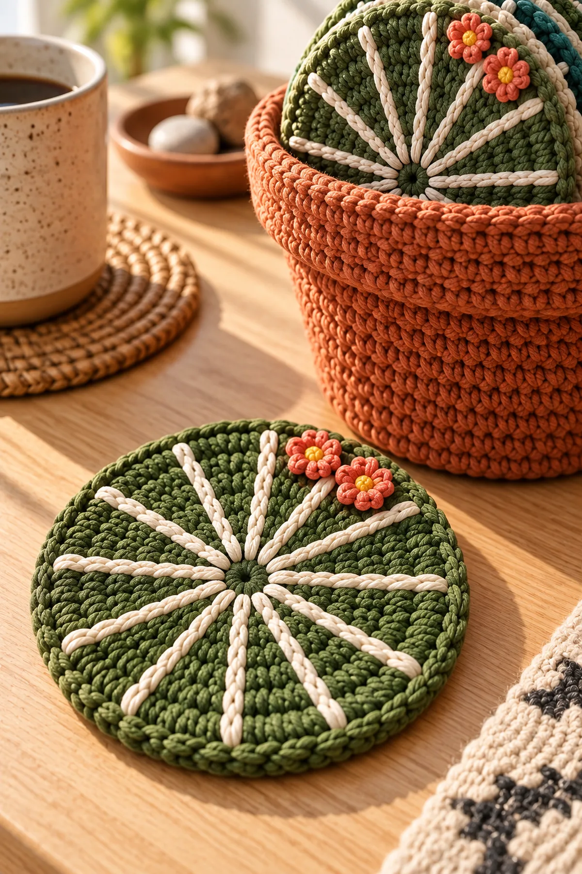 Close-up of cactus coaster raised rib picot blossom and terracotta holder texture