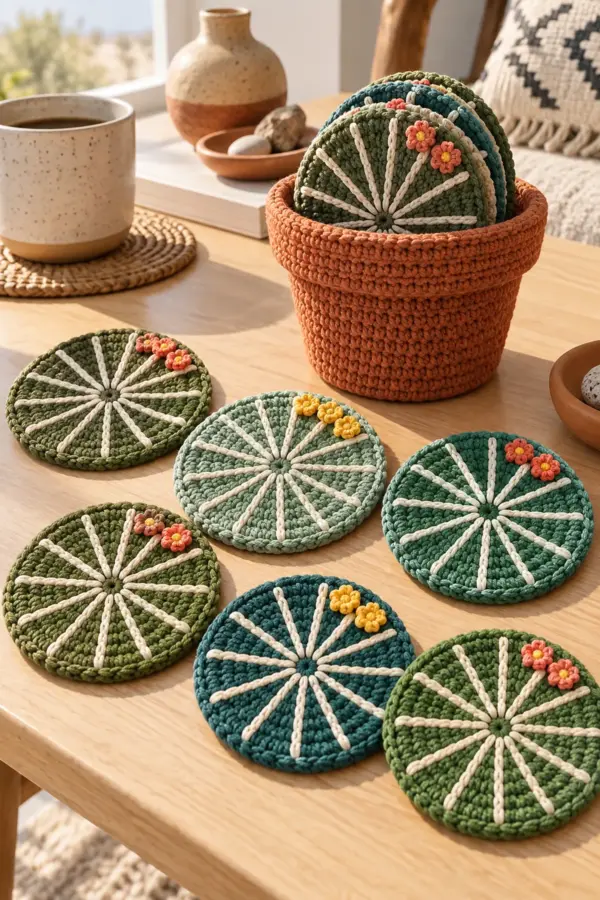 Six green crochet cactus coasters with cream ribs stacked in a terracotta pot holder