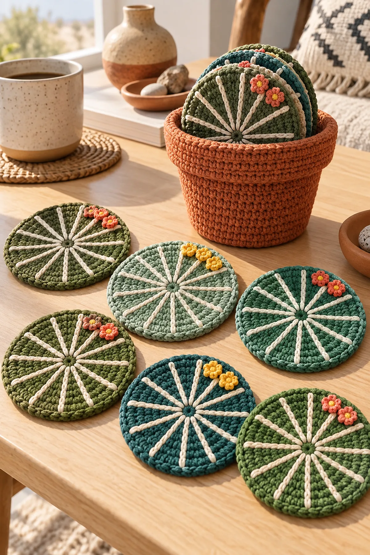 Six green crochet cactus coasters with cream ribs stacked in a terracotta pot holder