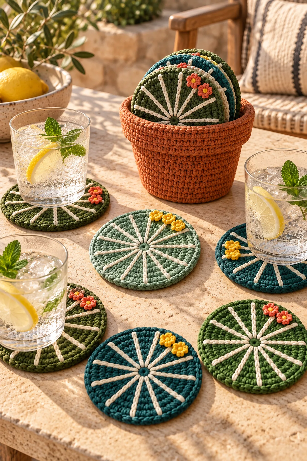 Crochet cactus coaster holder set styled on a sunny desert inspired coffee table
