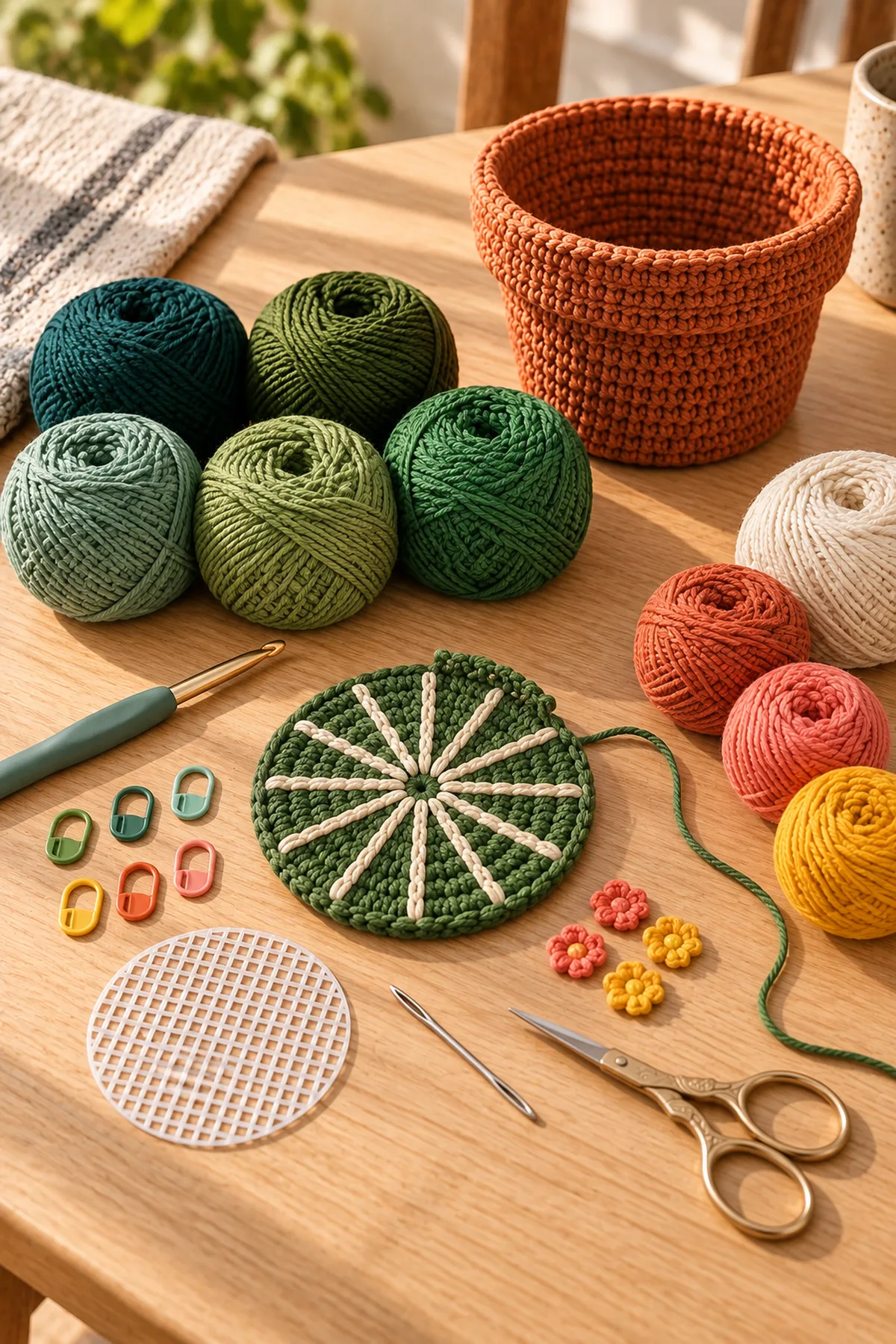 Assorted green terracotta cream coral and yellow cotton crochet hook markers needle scissors and plastic canvas