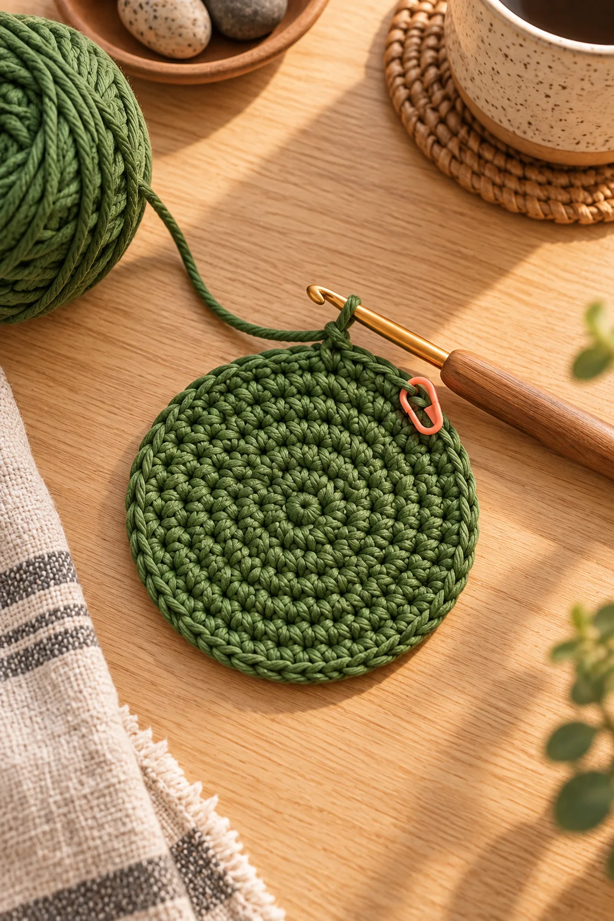 Small green crochet cactus disk after five evenly increased rounds