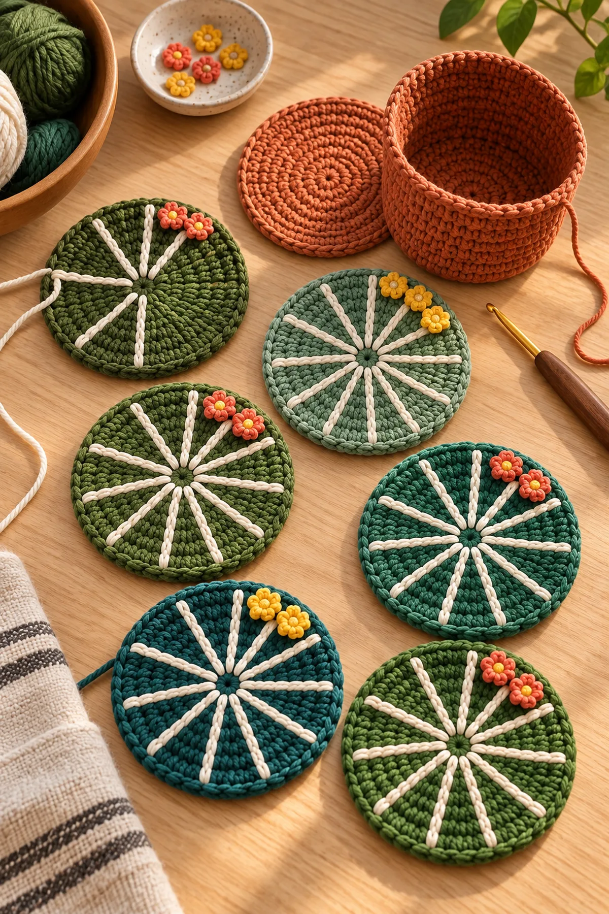 Six cactus coasters with raised cream ribs and tiny blossoms before edging