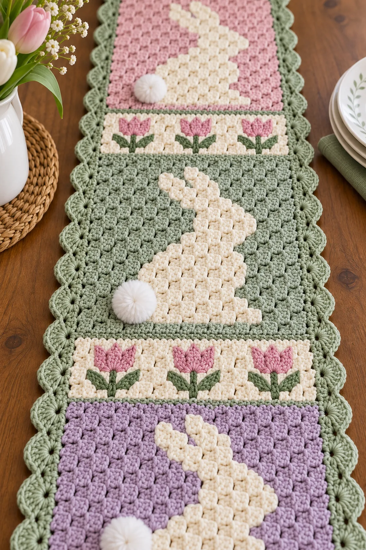 Close-up of cream bunny silhouette white tail tulip divider and sage border