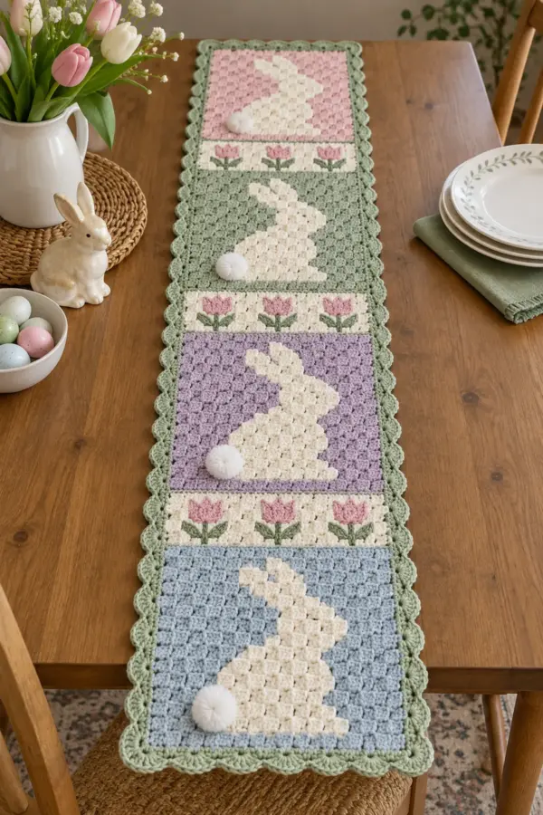 Finished pastel crochet Easter bunny table runner with four silhouette panels