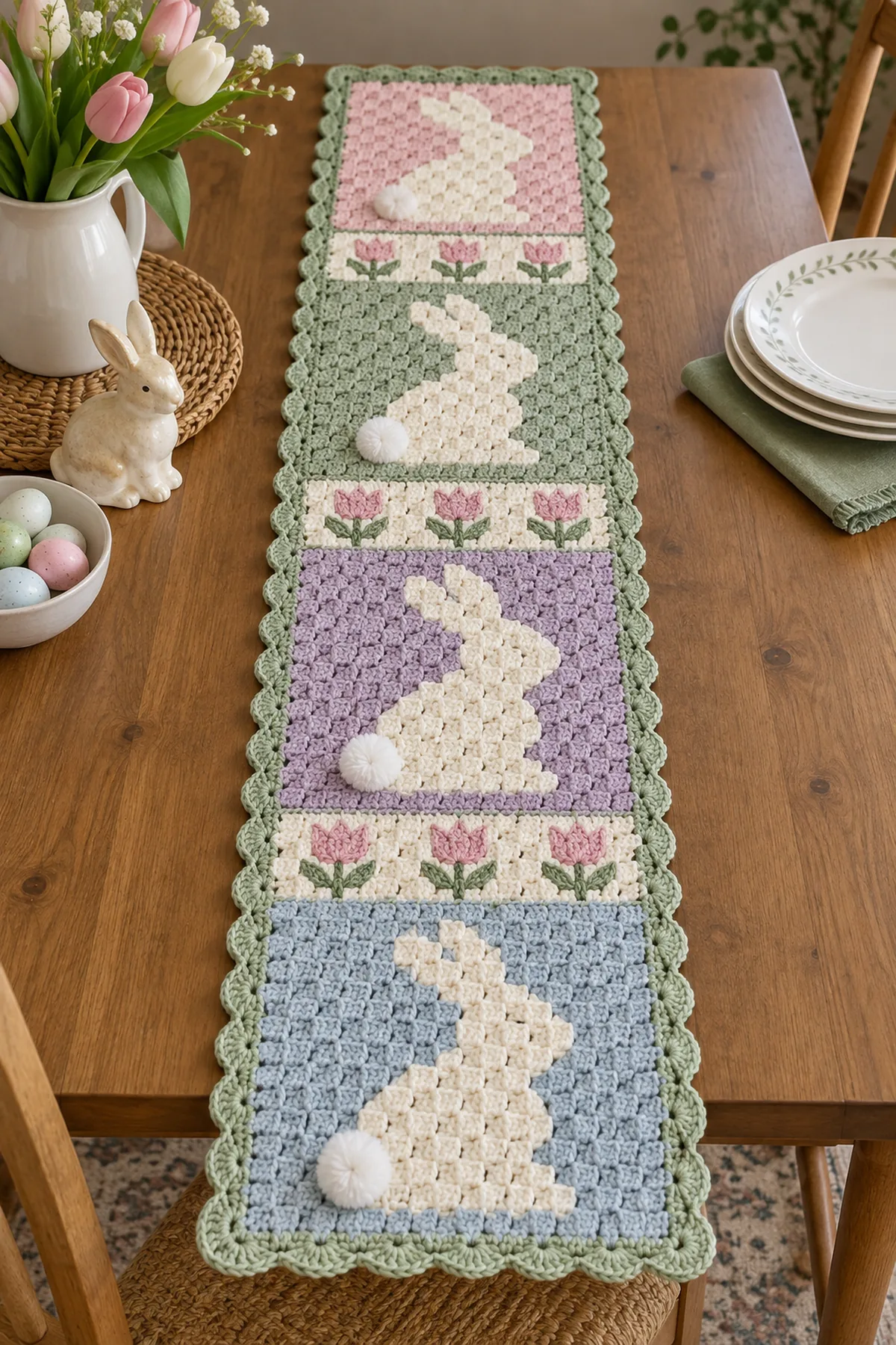 Finished pastel crochet Easter bunny table runner with four silhouette panels