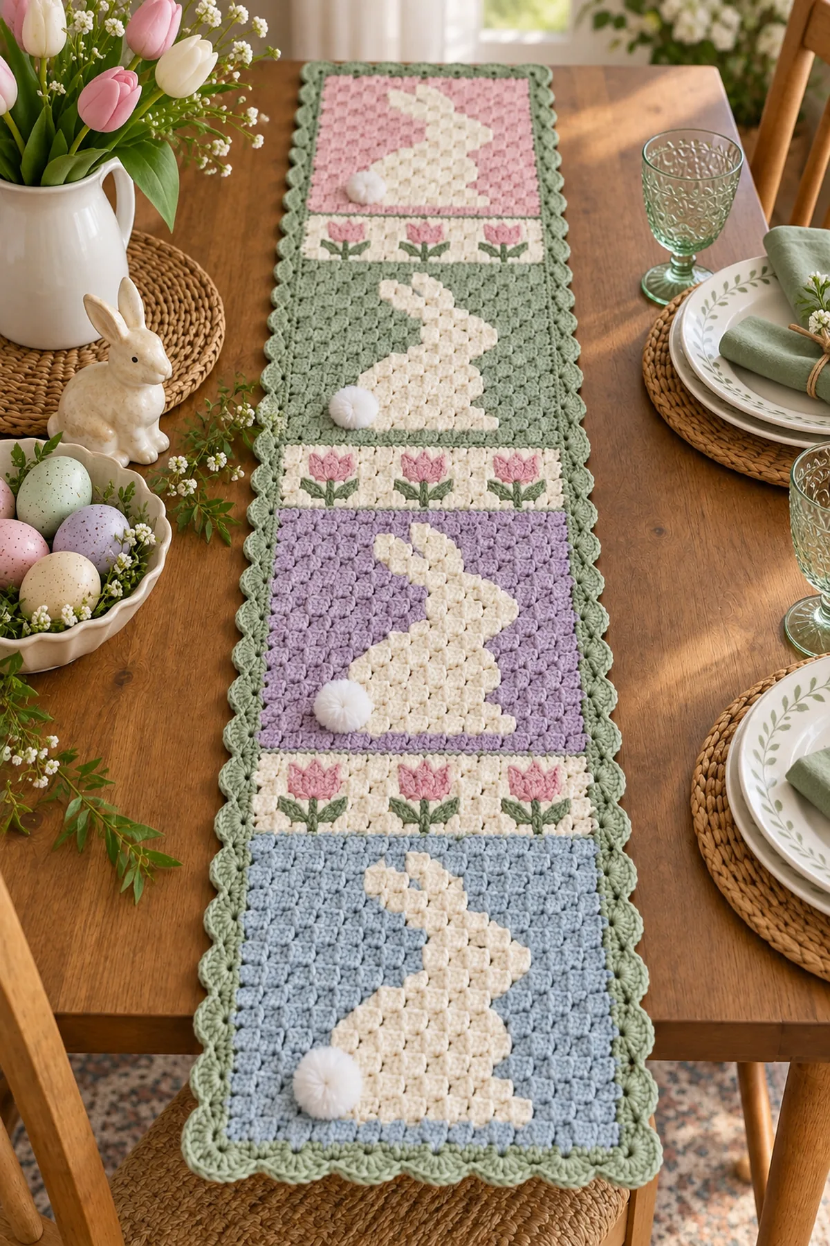 Easter bunny crochet table runner styled with spring table decor