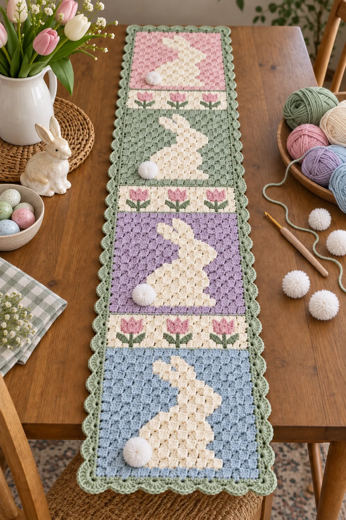 Pastel cream and sage cotton yarn with crochet hook and pom-poms