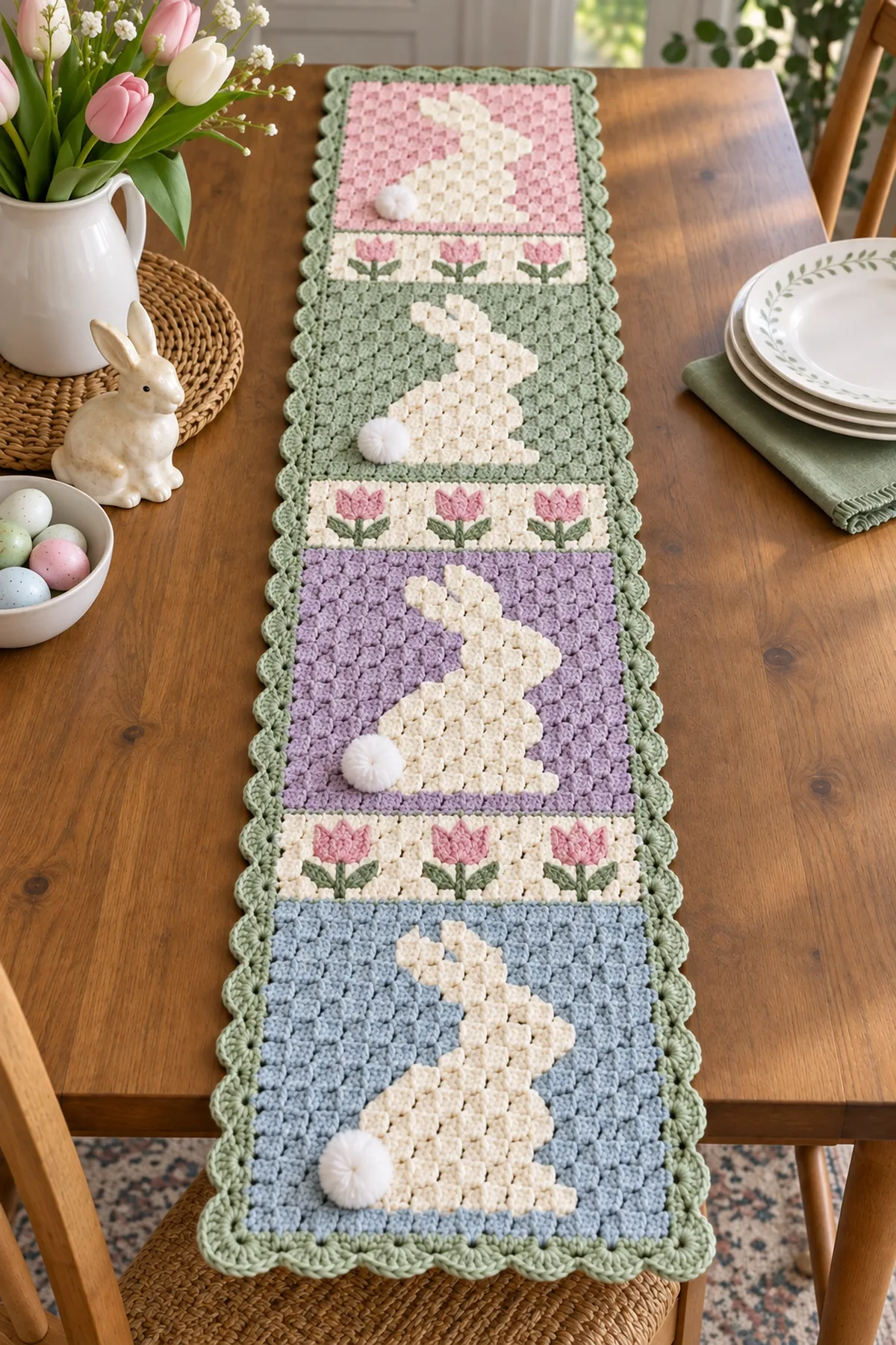 Four crochet bunny panels arranged and joined as a table runner