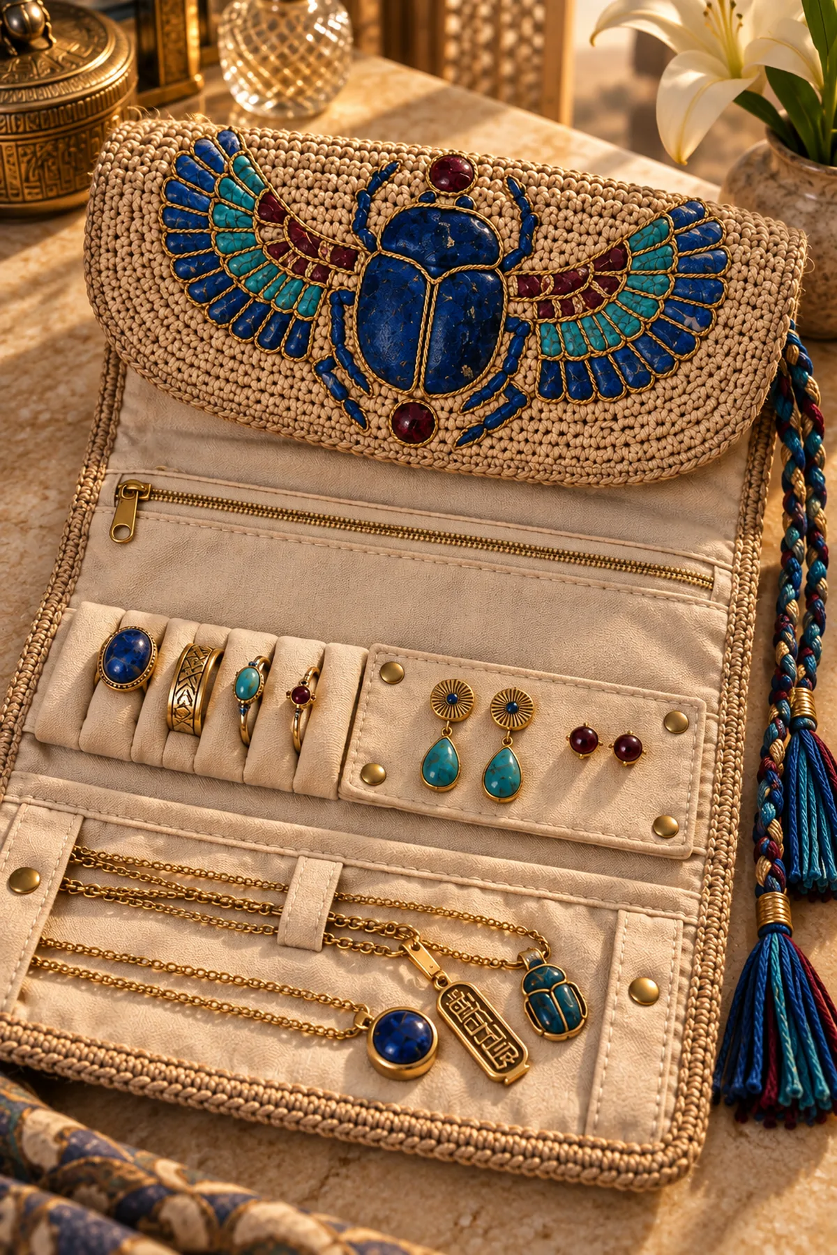 Close-up of scarab tapestry gold surface lines lined pockets ring roll and braided tassel closure