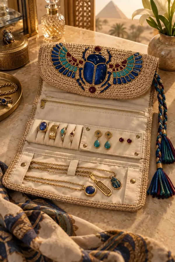 Finished crochet Egyptian inspired scarab jewelry roll in sand lapis turquoise gold and burgundy
